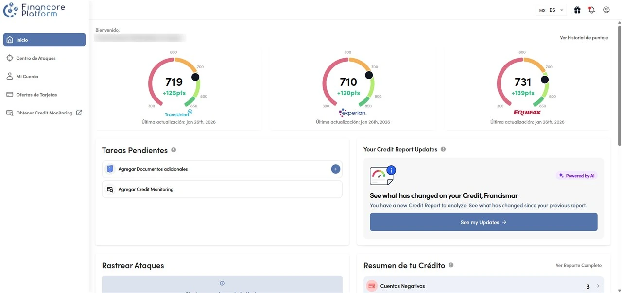 Portal del cliente de Financore con 3 scores en tiempo real