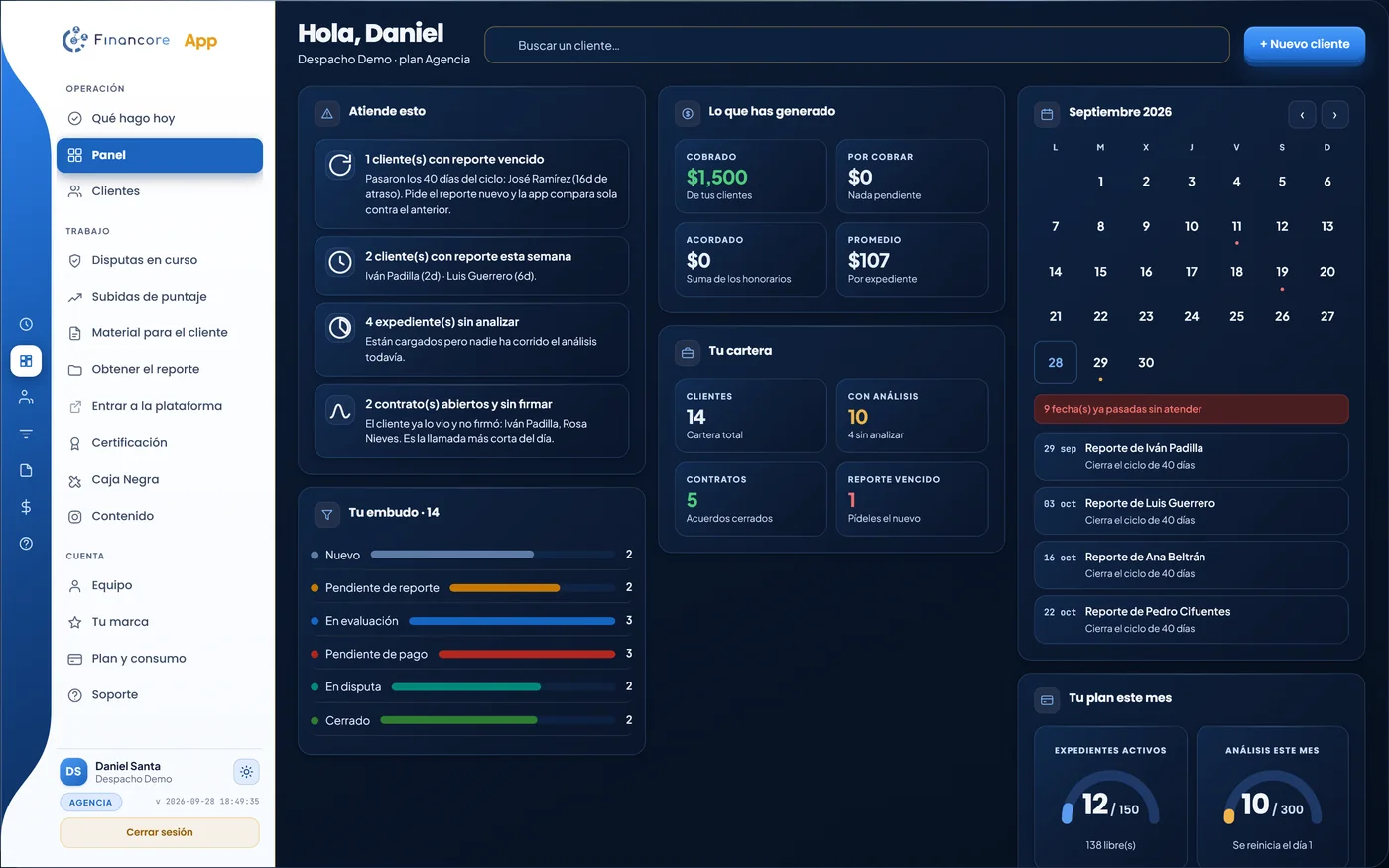 Panel de Financore App con la cartera completa y el embudo