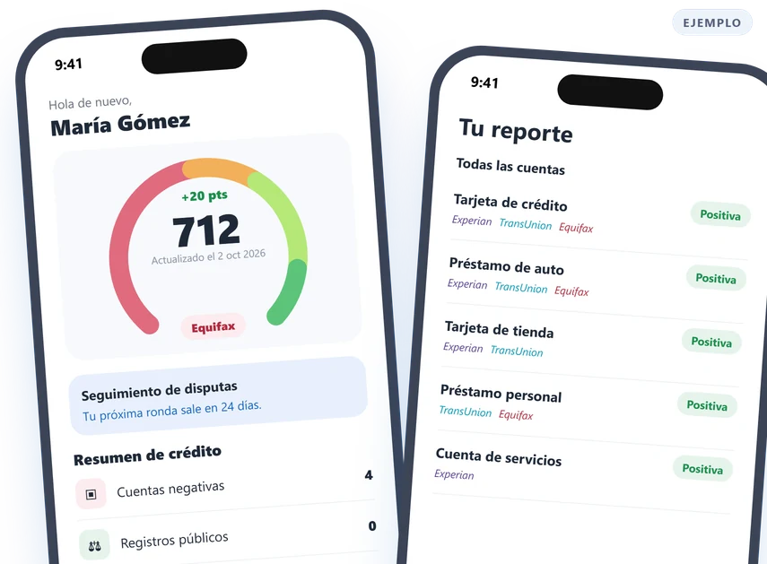 Ejemplo de la app del cliente: su puntaje, el seguimiento de disputas y su reporte por buró
